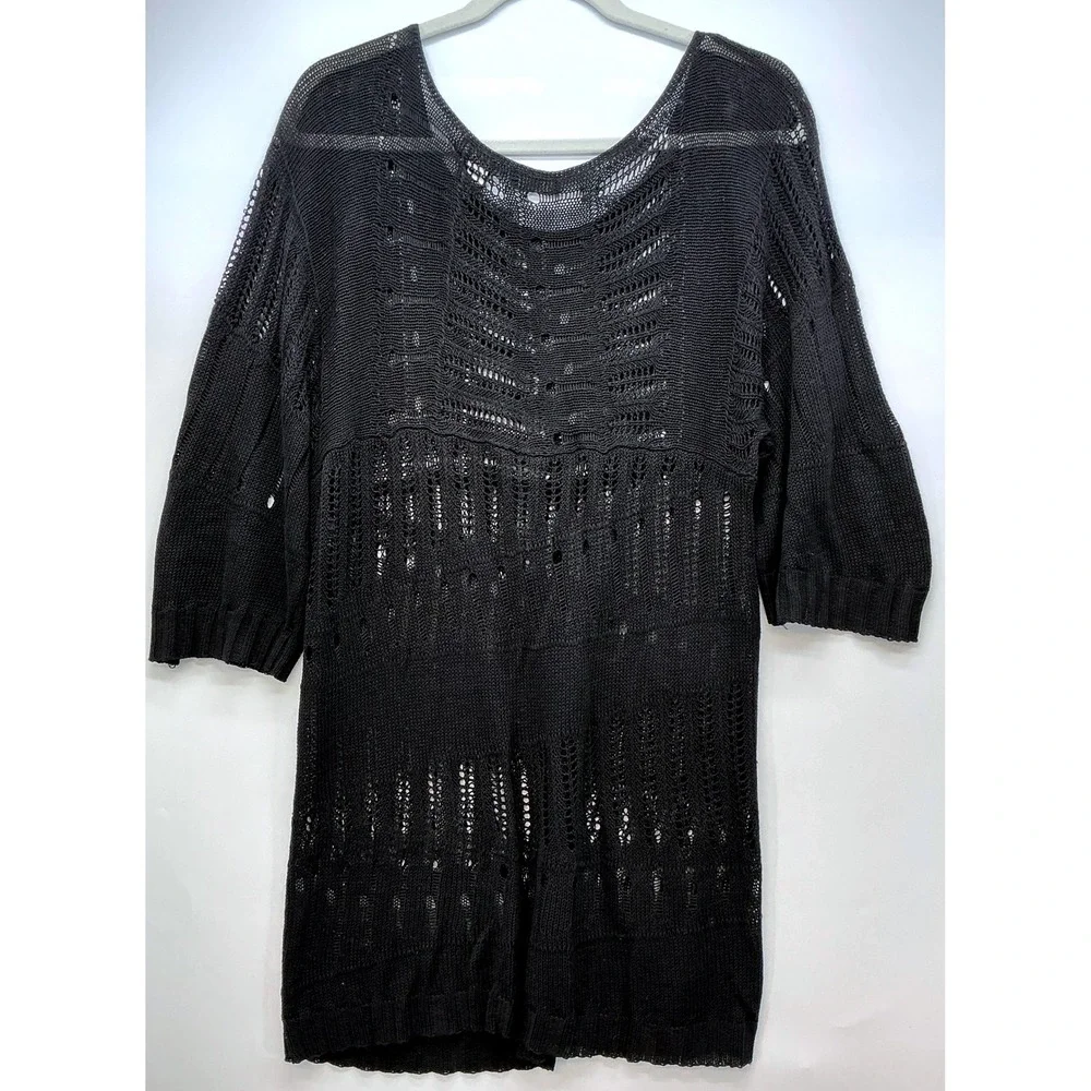 Moda International Black Open Knit‎ Tunic Sweater Sz M Boho Swim Festival Goth